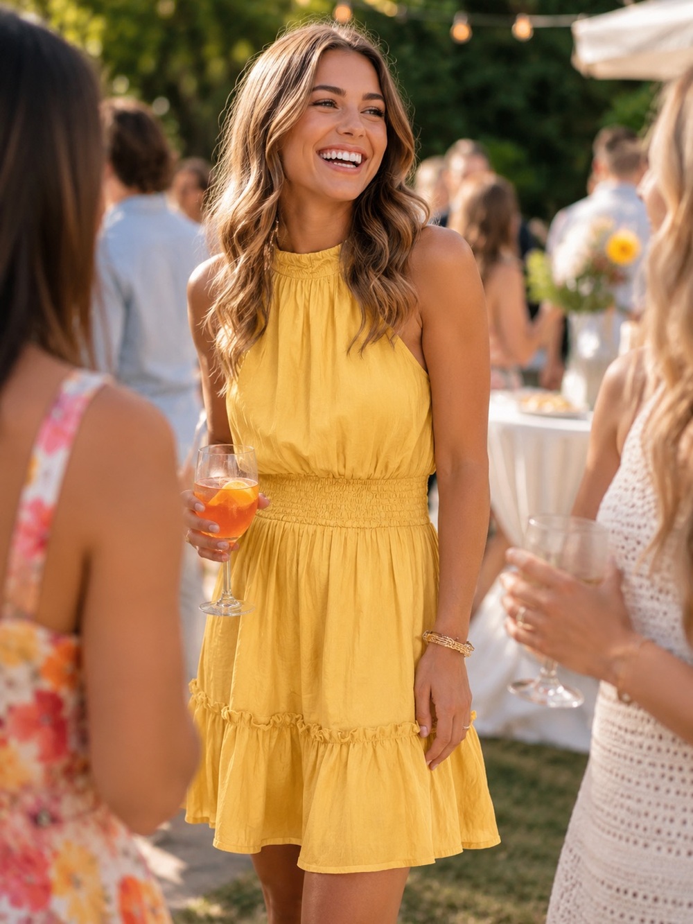 Halter Neck Yellow Tiered Casual Dress